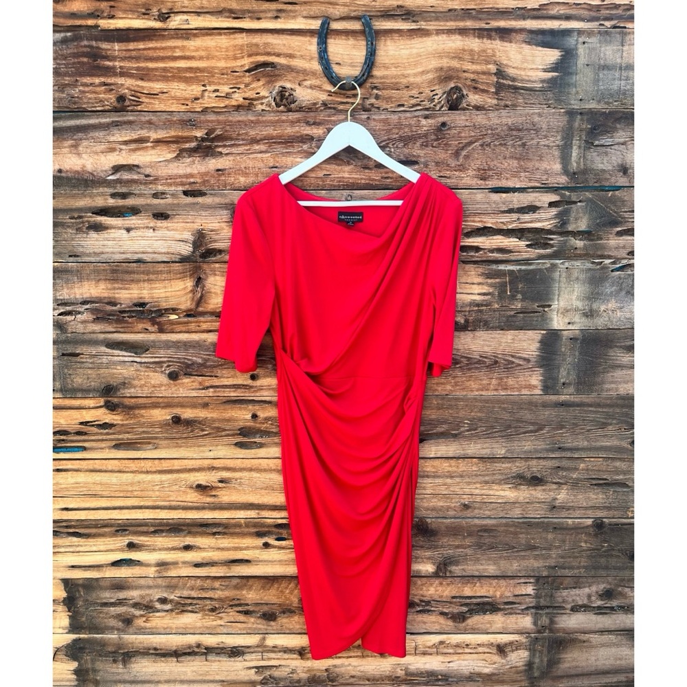 CONNECTED APPAREL | Red Wrap Short Sleeves Ruching Dress 12